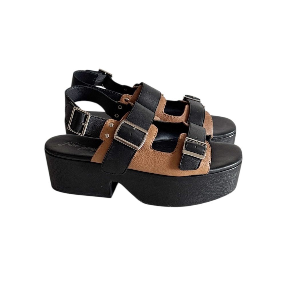 Free People Follow Your Own Path Black Tan Chunky Platform Boho Sandals sz 41 EU